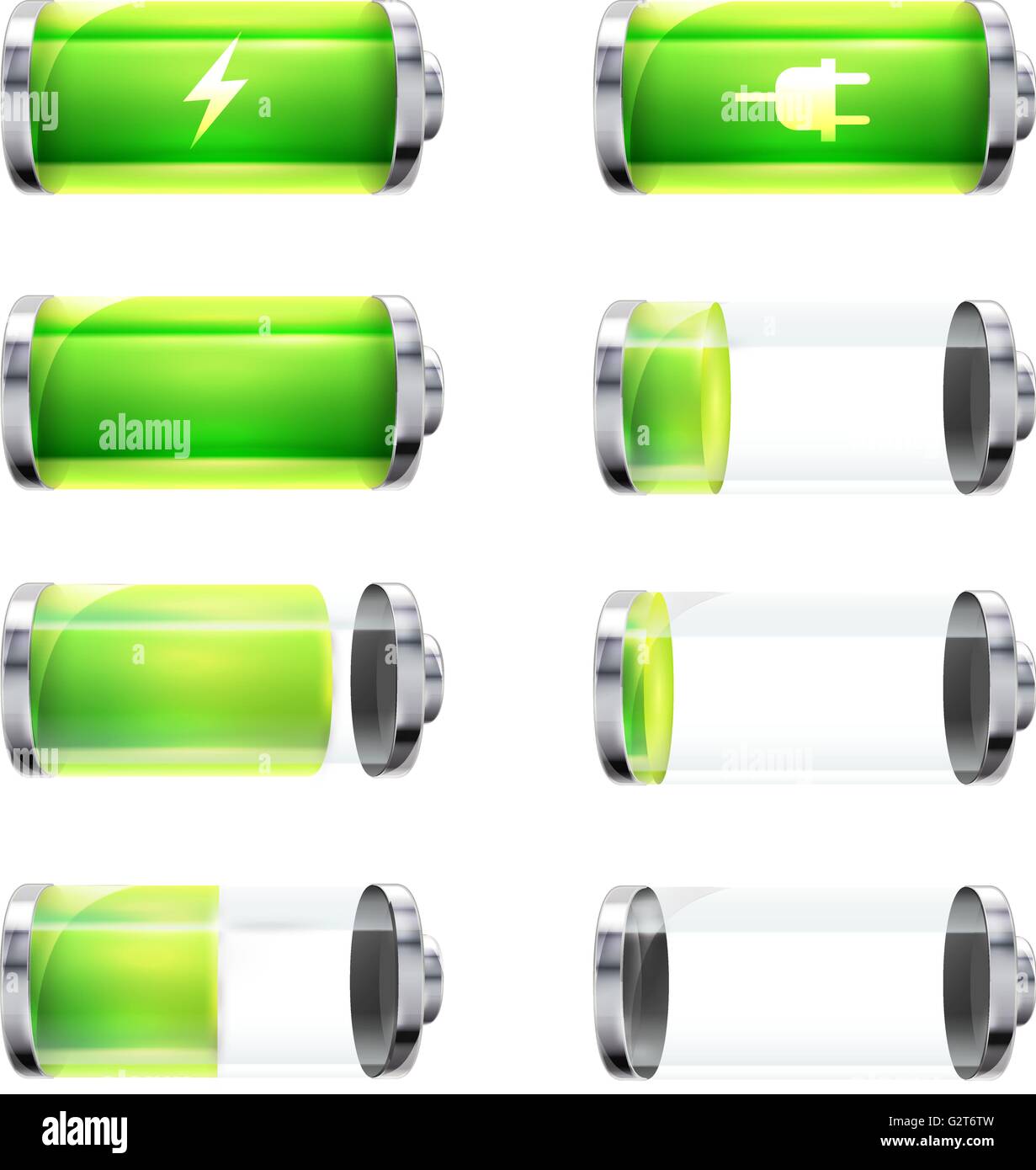 Set of glossy battery icons with different charge level and power signs ...