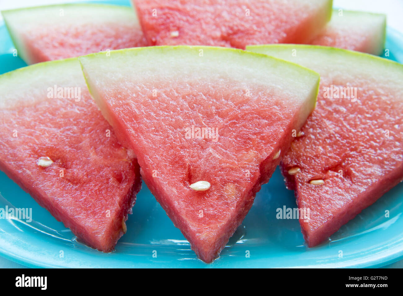 Watermelon triangular slices on top of blue plate. With summer arriving ...