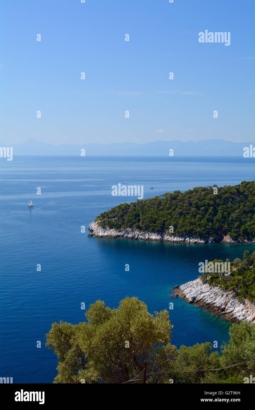 The coastline of Skopelos and island in the Sporades, Greece Stock Photo