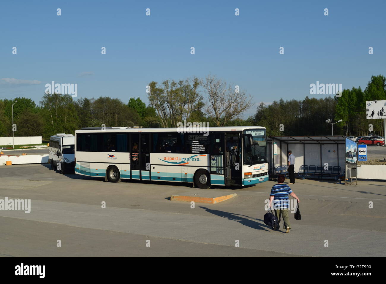 Urban bus service in Kaliningrad city. Modern suburban bus waiting for passengers at Khrabrovo