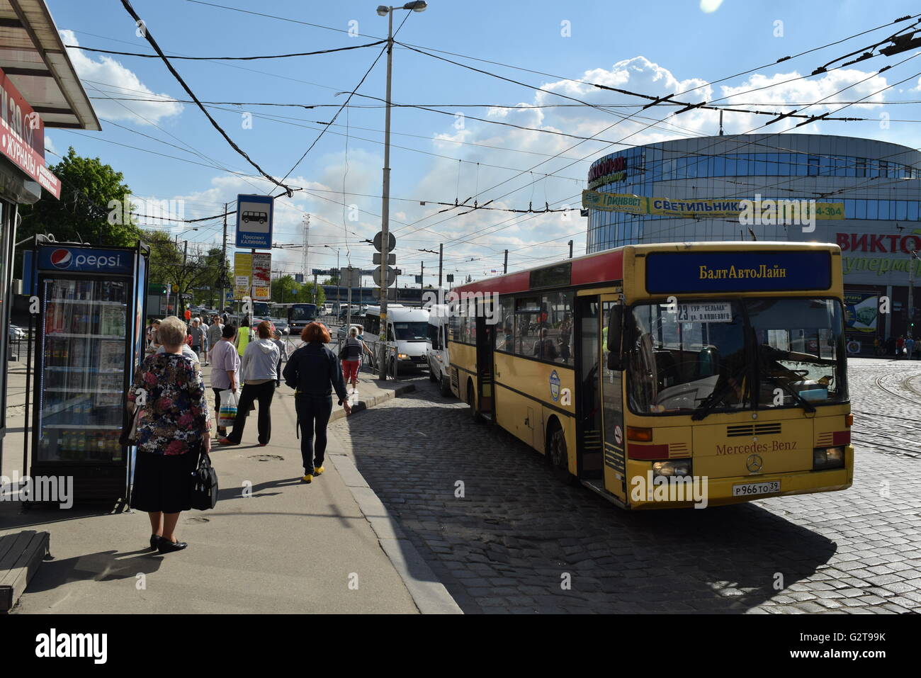 Urban bus service in Kaliningrad city. Yellow bus at a stop Stock Photo Alamy