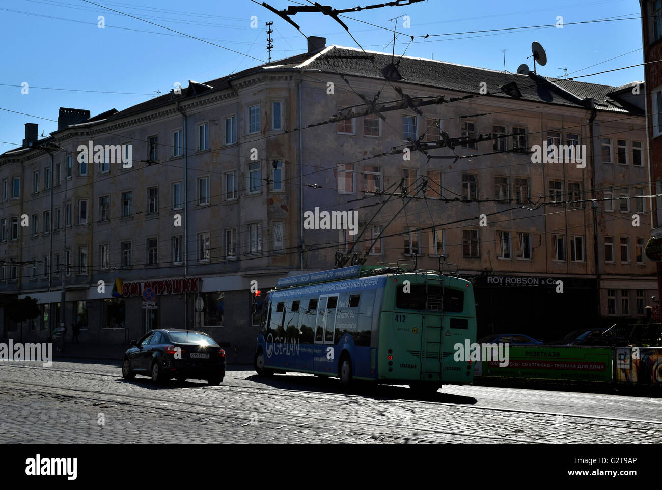 Minskbuilt trolleybus en route at Prospekt Mira crossing the abandoned