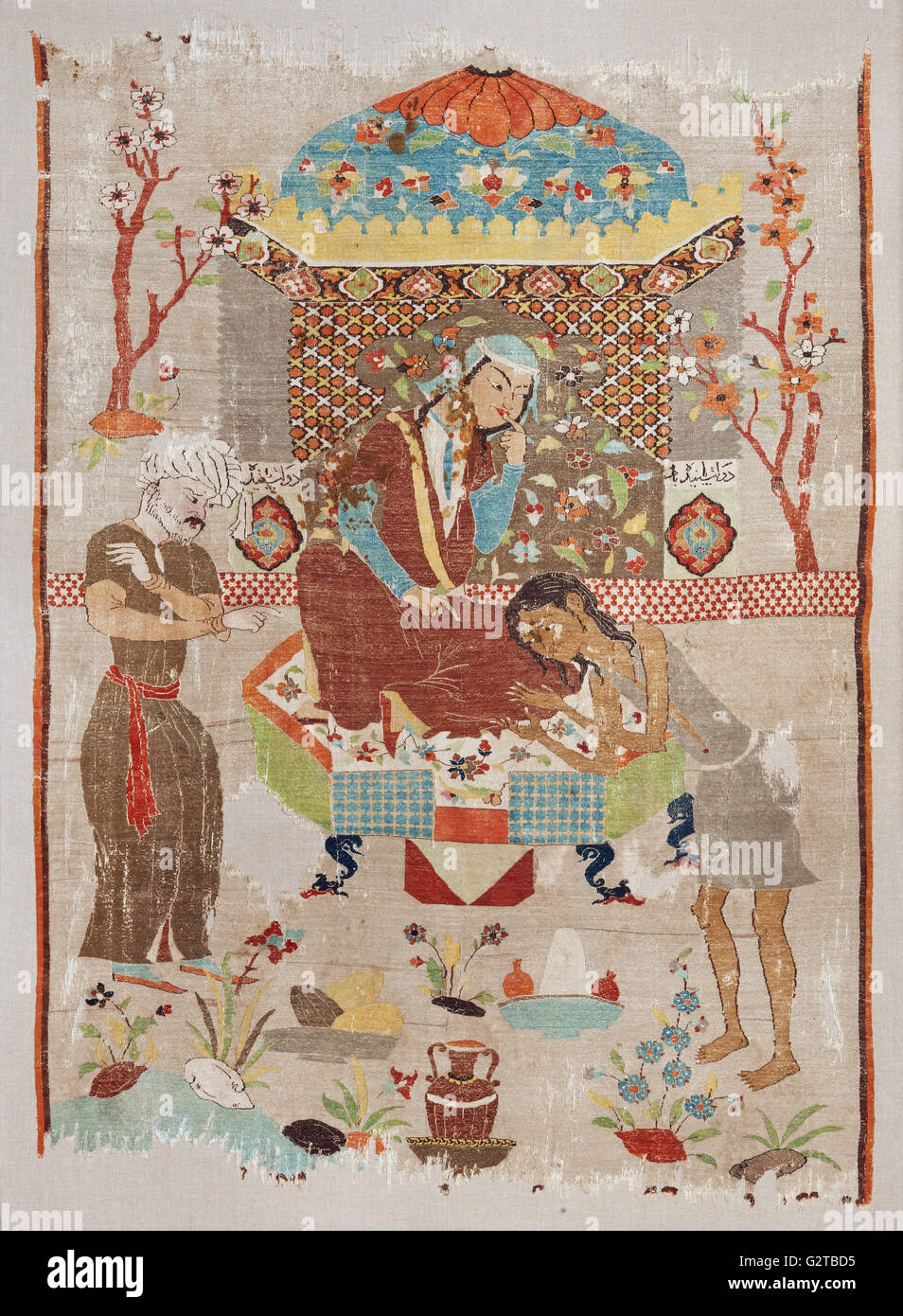 Unknown, Iran, 16th or 16th Century - Silk Tapestry Depicting the story of Leila and Majnu - Stock Photo