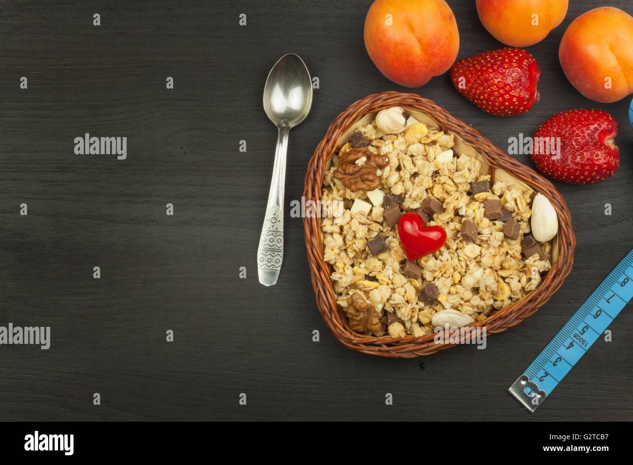 Spilled Cheerios cereal with chocolate. Healthy dietary supplements for