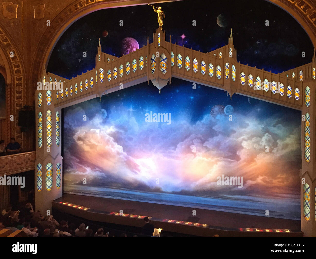 The Book of Mormon Stage and Curtain, Eugene O'Neill Theatre, Times Square, NYC, USA Stock Photo