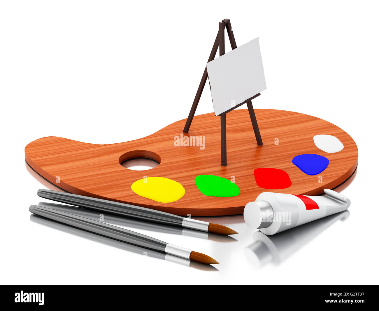 3d renderer image. Easel painting and color palette. Isolated white background. Stock Photo