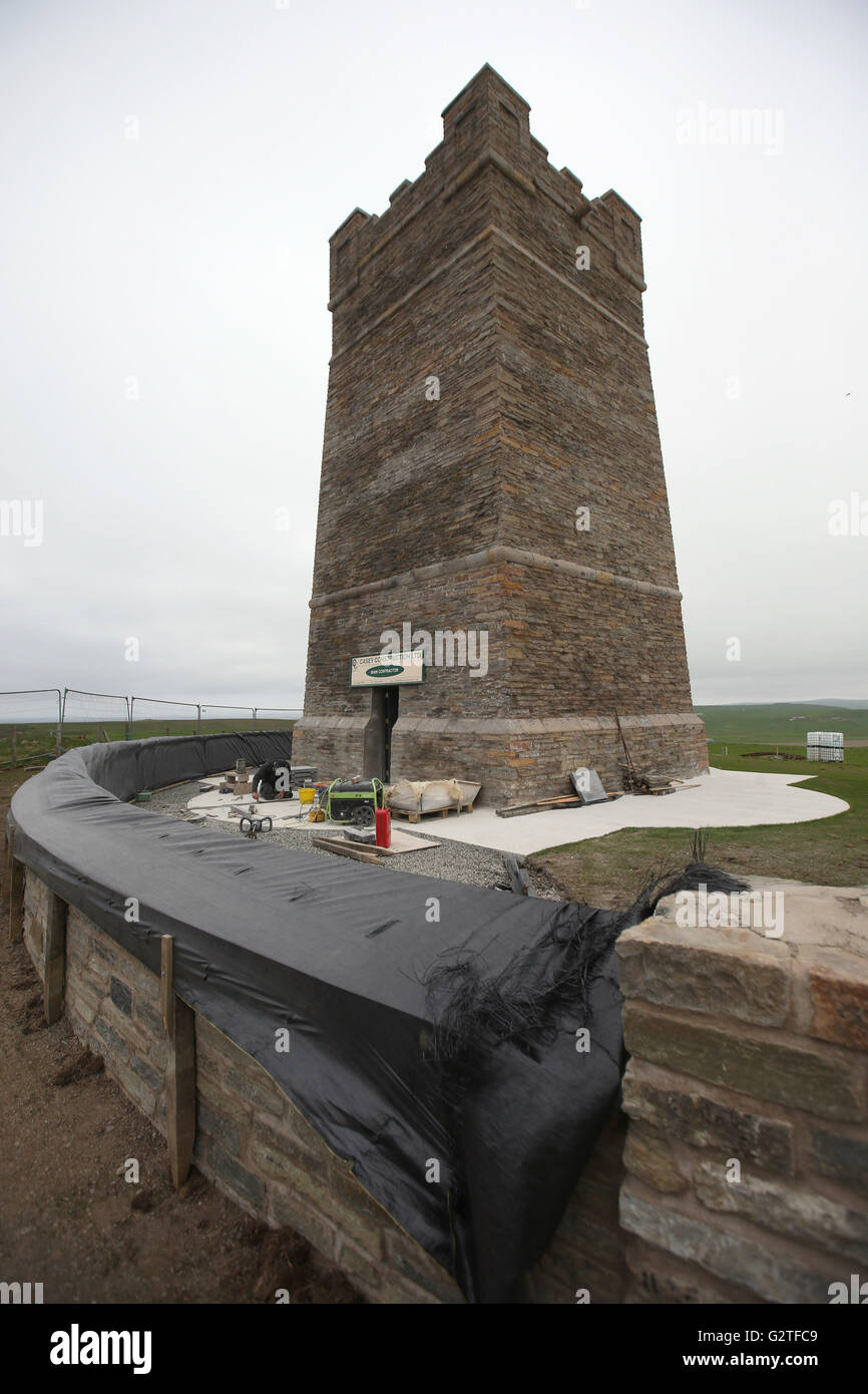 Final preparations are made to the restored Kitchener Memorial, dedicated to Lord Kitchener, at Marwick Head in Orkney, which will be unveiled on Sunday to mark the hundredth anniversary of the sinking of HMS Hampshire. Stock Photo