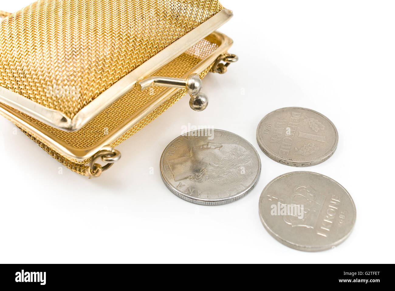 Golden purse with old european coins isolated Stock Photo Alamy