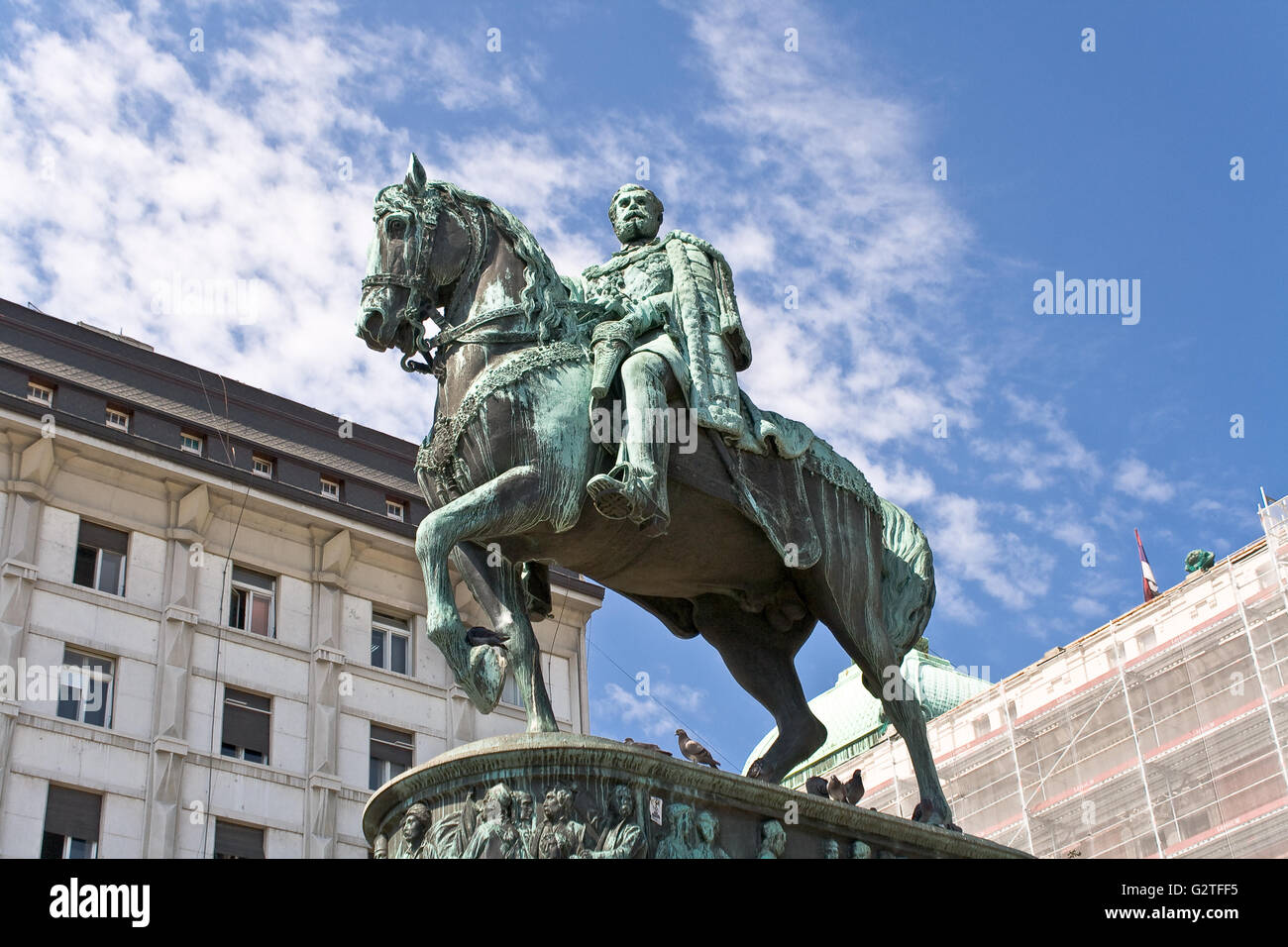 Statue of bronze horseman over blue sky Stock Photo