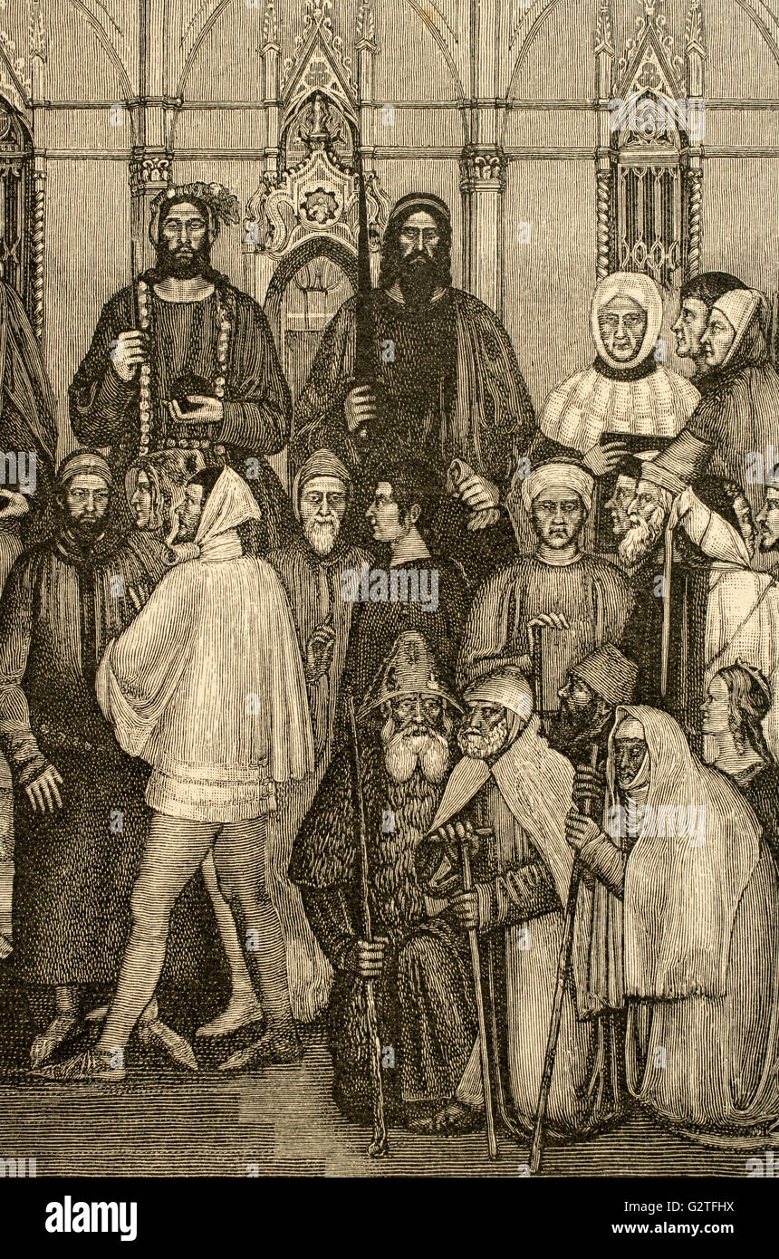 Militant Church and Triumphant Church. Detail of Clergy and Laity. Engraving after the fresco by Andrea Bonaiuto, 14th century. Spanish Chapel. Basilica of Santa Maria Novella (Florence, Italy). Stock Photo