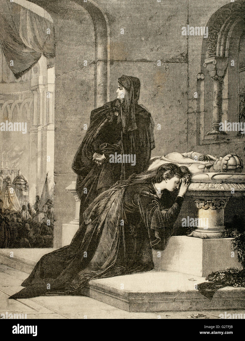 Queen Mary I of Hungary (1371-1395) and his mother Queen consort Elizabeth of Bosnia (1339-1387) mourning at the tomb of her father and husband Louis I of Hungary (1326-1382). Engraving after the painting of A. Liezen-Mayer. 19th century. Stock Photo