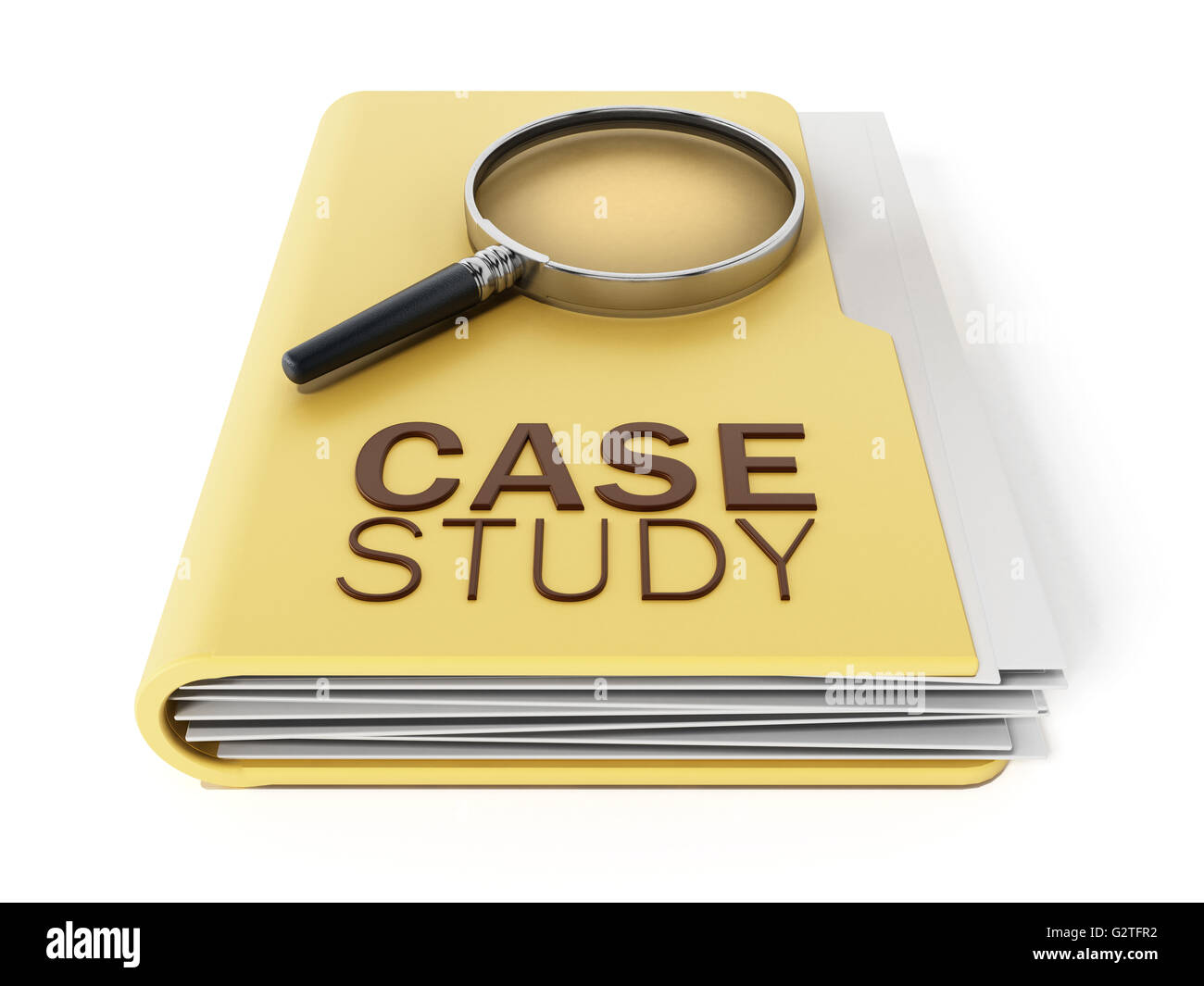 Case study text under magnifying glass standing on yellow folder. 3D illustration. Stock Photo