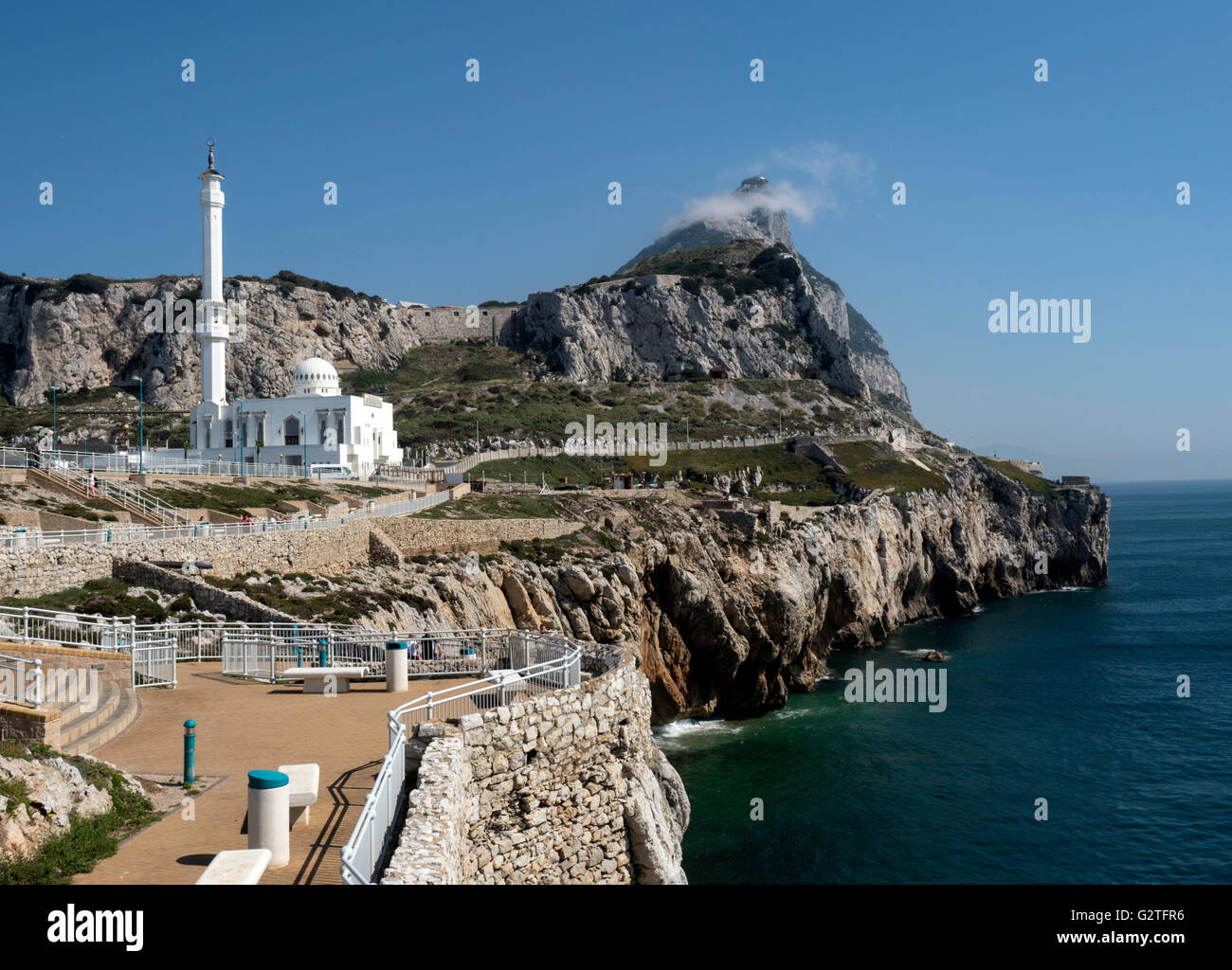 Ibrahim-al-Ibrahim Mosque and the Rock of Gibraltar as seen from Europa Point Stock Photo