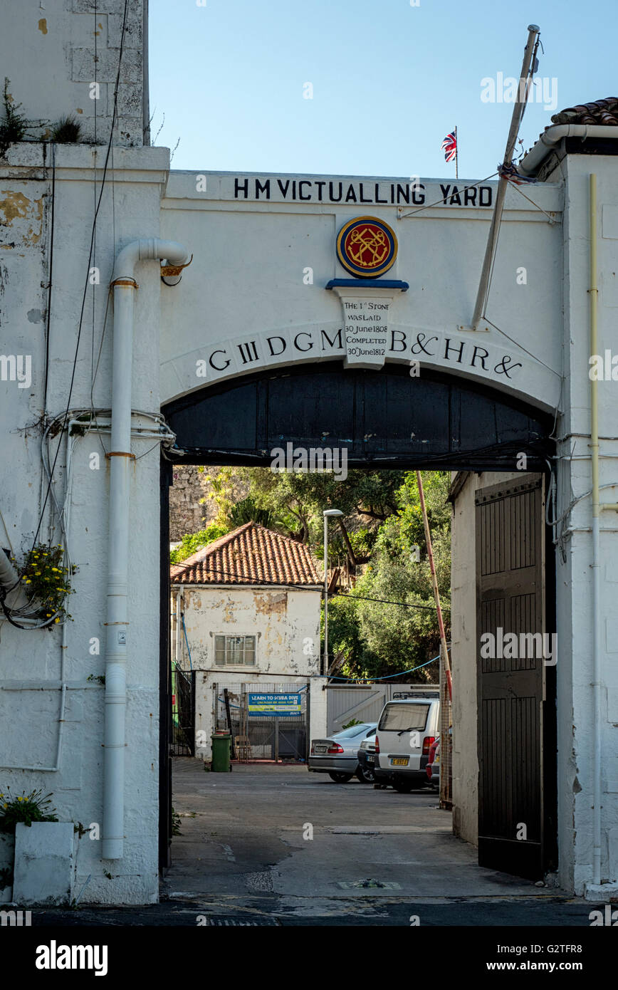 Entrance to the old HM victualling yard in Rosia Bay, Gibraltar, built to supply Royal Navy ships anchored in the bay. Stock Photo