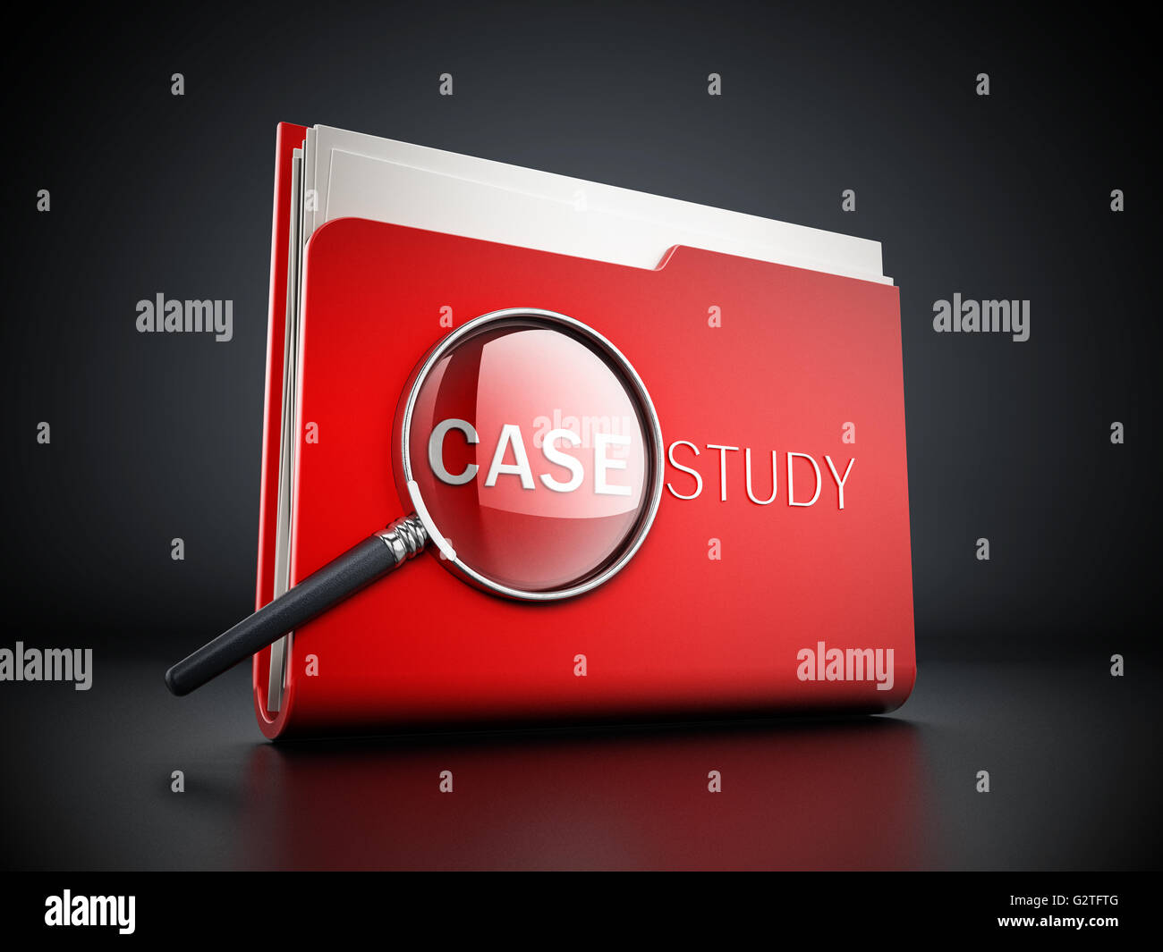 Case study text under magnifying glass standing on red folder. 3D illustration. Stock Photo