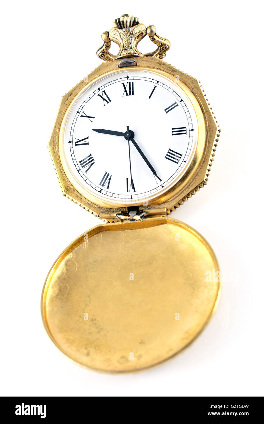 Antique gold pocket watch isolated on white Stock Photo