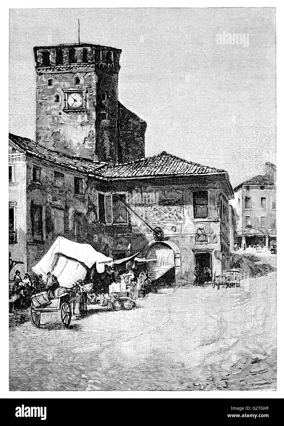 Black and white engraving of the market place in the Italian town of Asolo. Stock Photo