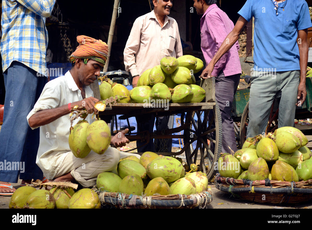 Coconut pile on sale at Indian local Market Stock Photo Alamy