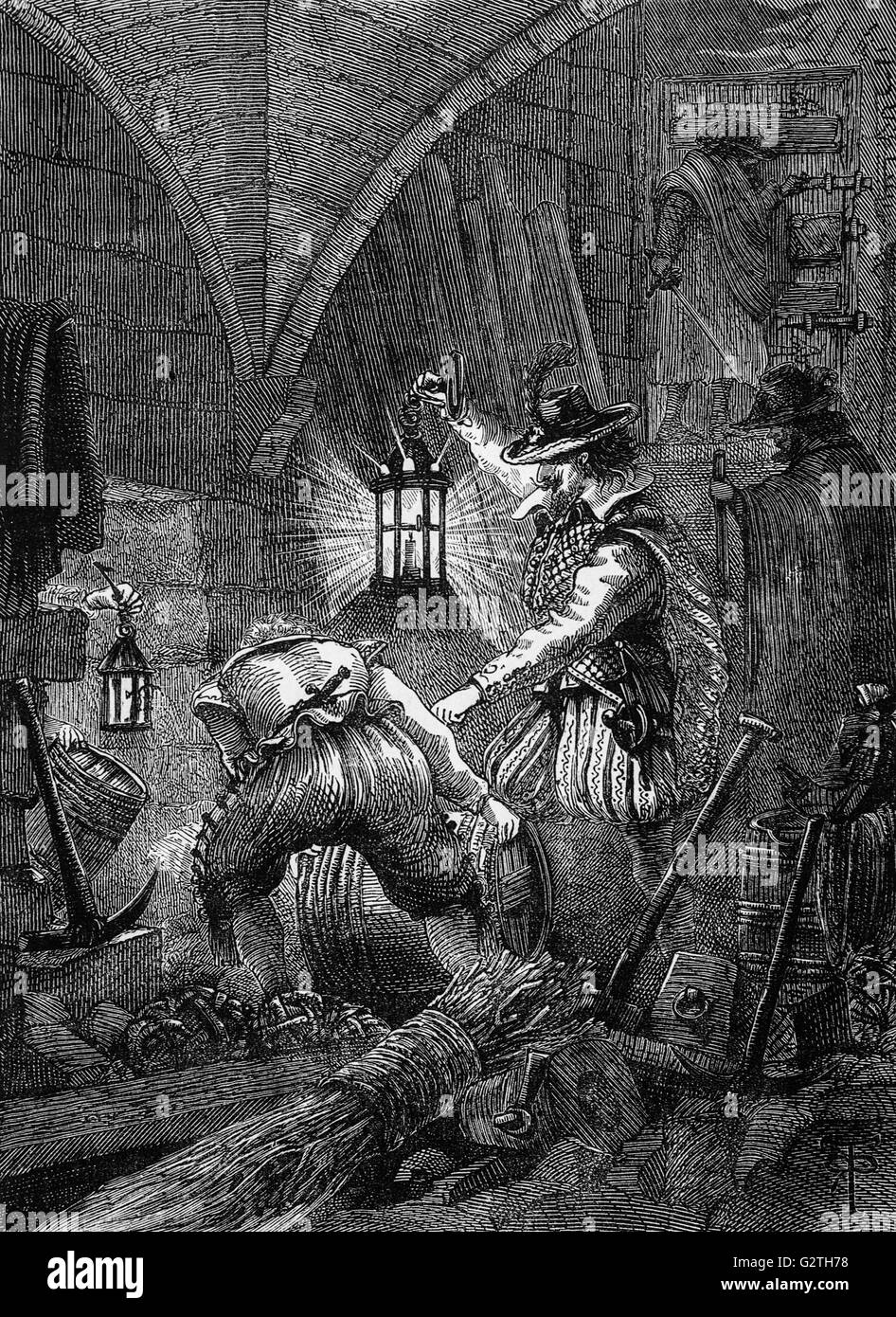 The Gunpowder Conspirators in the Vaults of  the House of Lords prior to their failed attempt to blow up James I, the first of the Stuart kings of England during the State Opening of England's Parliament. 1605 Stock Photo