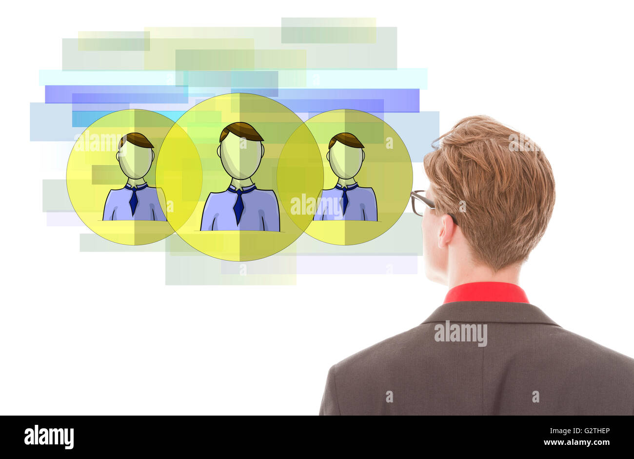 Young businessman looking at virtual friends isolated on white background Stock Photo