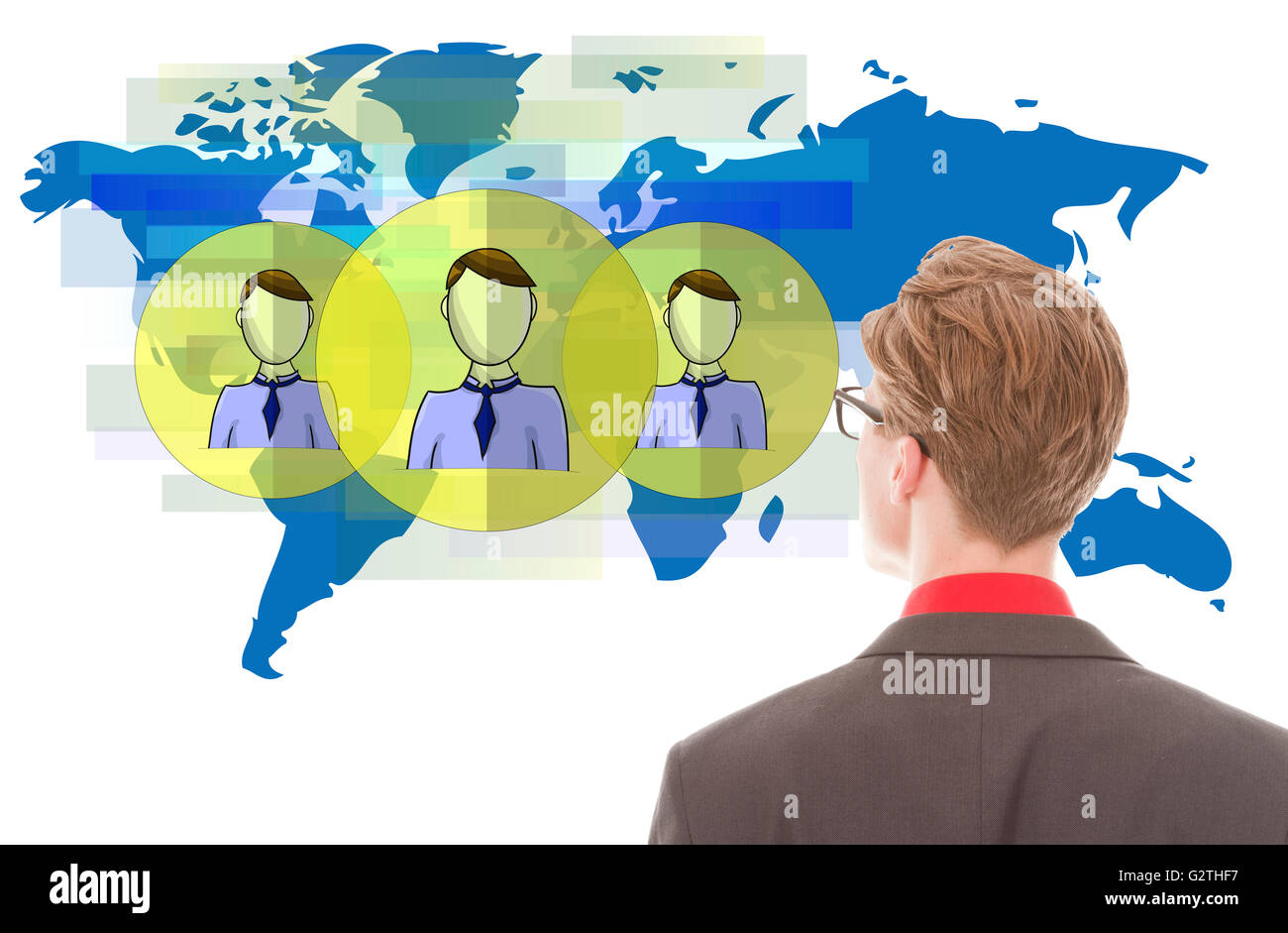 Young businessman looking at blue world map with friends isolated on white background Stock Photo