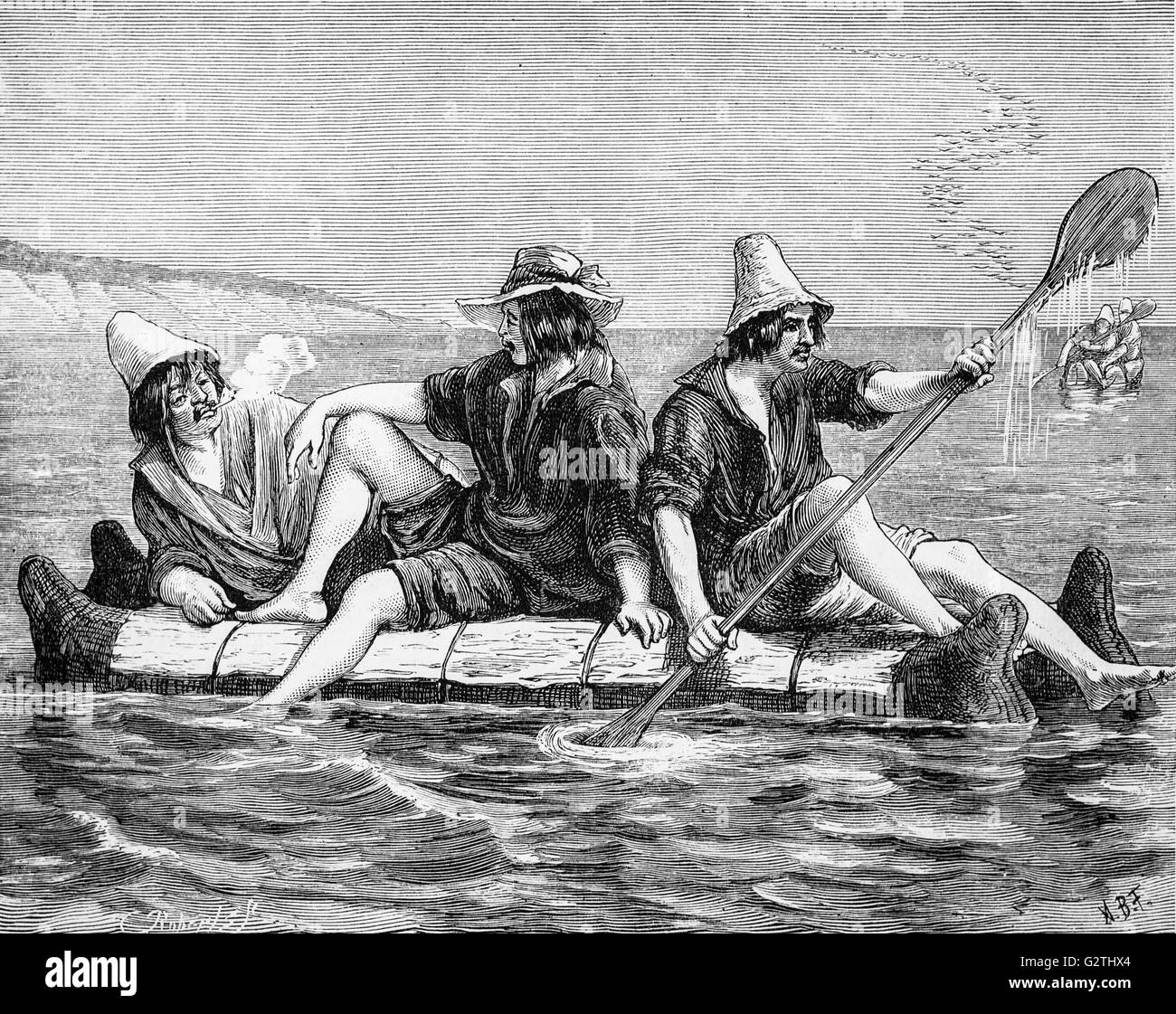 Native Americans using a Balsas or Boat of Skins Stock Photo