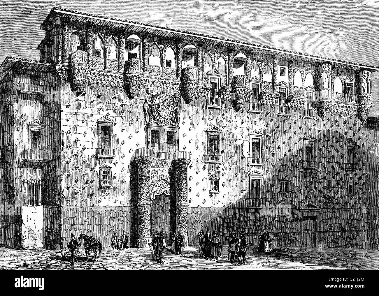 19th Century view of the Palace of El Infantado (Spanish: Palacio del Infantado) is a palace located in Guadalajara, Castile–La Mancha, Spain. It was the seat of the Dukes of the Infantado. Stock Photo