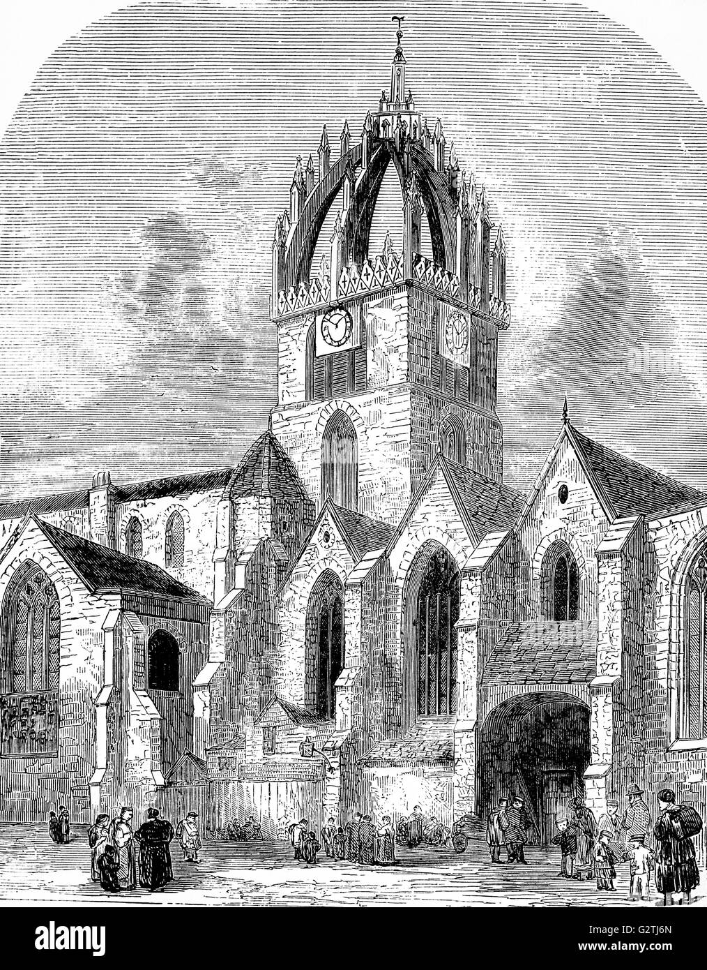 19th Century sketch of St Giles' Cathedral, also known as the High Kirk of Edinburgh, is the principal place of worship of the Church of Scotland in Edinburgh, it's  been one of Edinburgh's religious focal points for approximately 900 years. Stock Photo