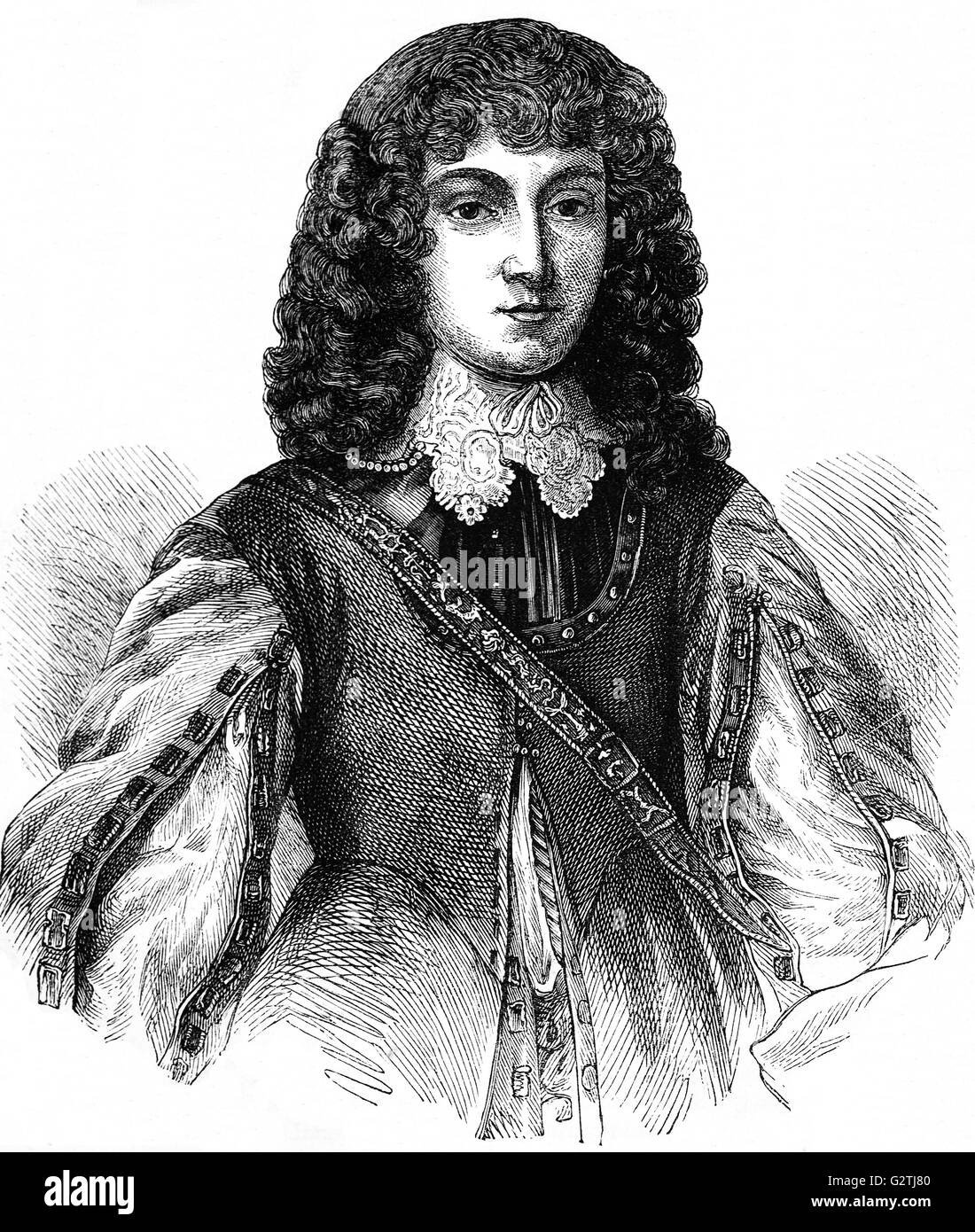 Prince Rupert, Duke of Bavaria aka Prince Rupert of the Rhine who's mother was Charles I's sister Elizabeth.  He became a soldier and fought in the Thirty Years War, then in 1642, joined Charles I's army in the English Civil War in which he was to lead the royalist cavalry in the first major battle of the war at Edgehill in October 1642. Stock Photo