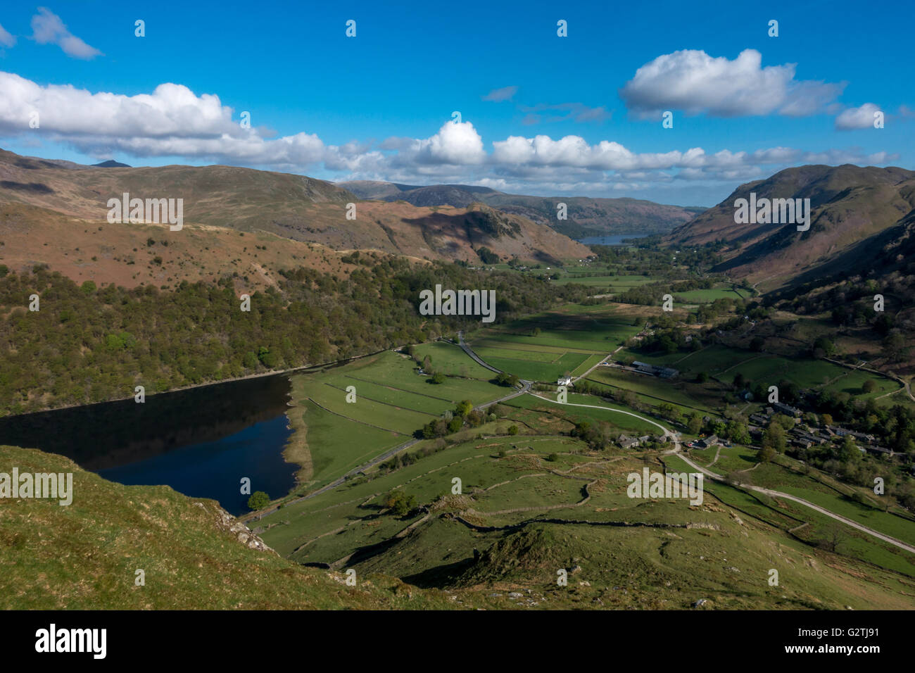 Beautiful vews down Patterdale from Hartsop Dodd - Brothers Water in the foreground and Ullswater in the distance, The Lake District, UK Stock Photo
