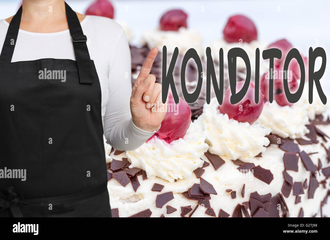 Konditor (in german Confectioner) with cake background concept template. Stock Photo