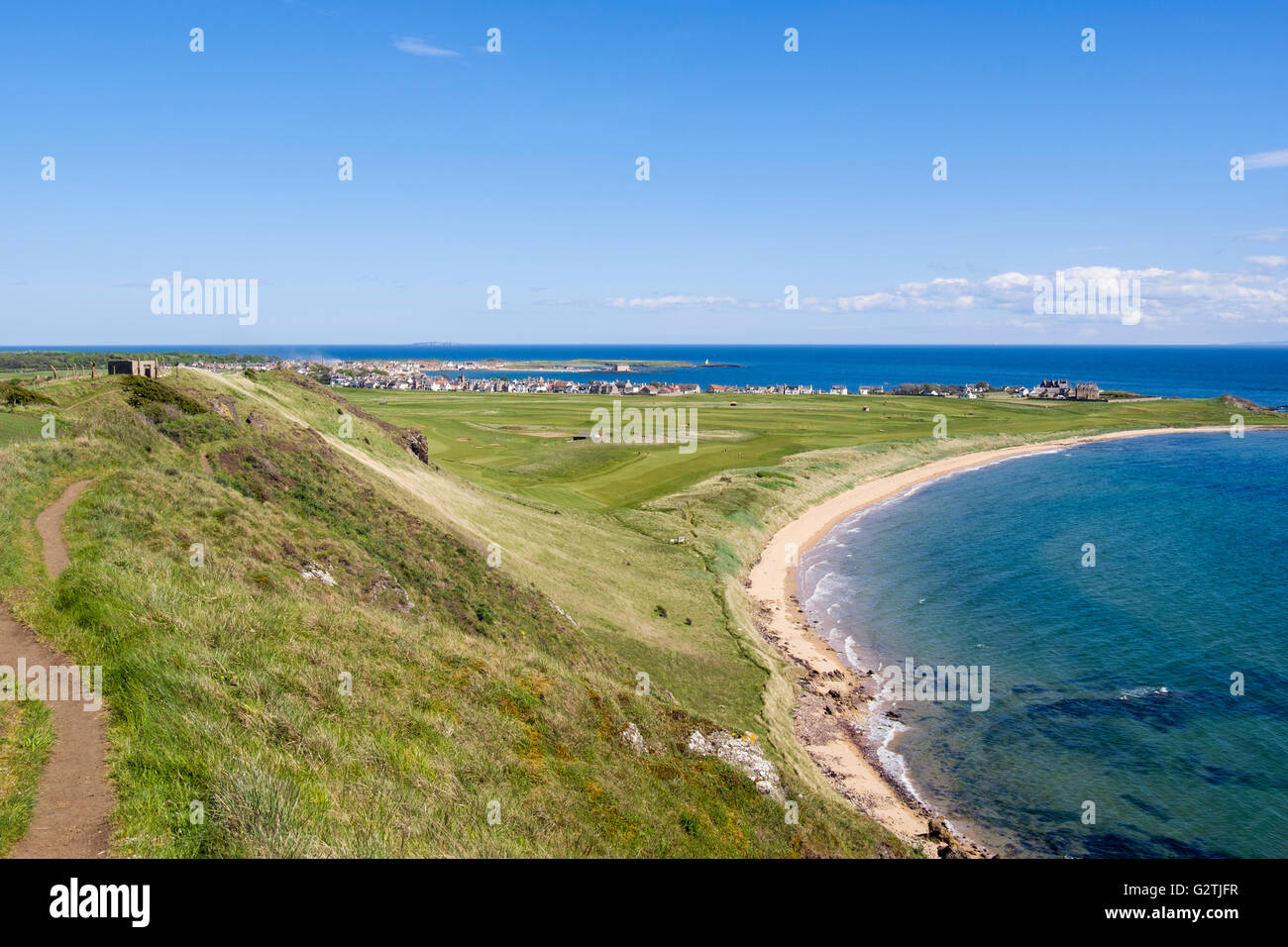 Fife Coastal Path on Kincraig Hill with view down to West Bay in Firth