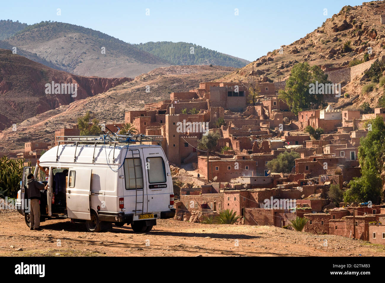 Campervan in front of old Kasbah, Morocco Stock Photo