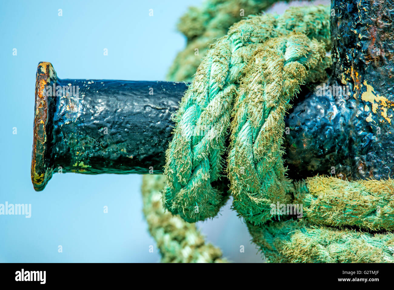 Cleat with mooring line of a trawler Stock Photo