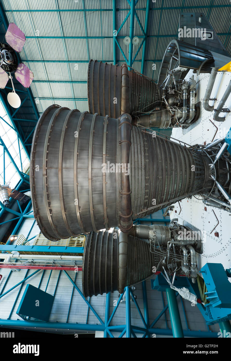 Giant Rocket Motors on the First Stage of NASA's Saturn V Rocket, which was used in the Apollo program to take men to the moon. Stock Photo