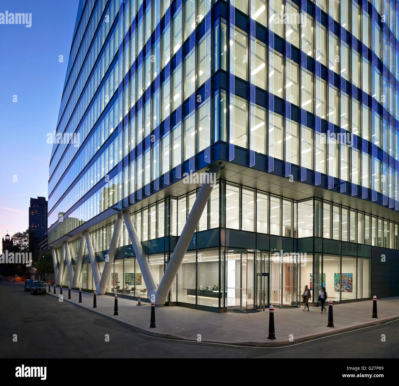 Corner elevation of main entrance at street level. Moorgate Exchange, London, United Kingdom. Architect: HKR Architects, 2015. Stock Photo