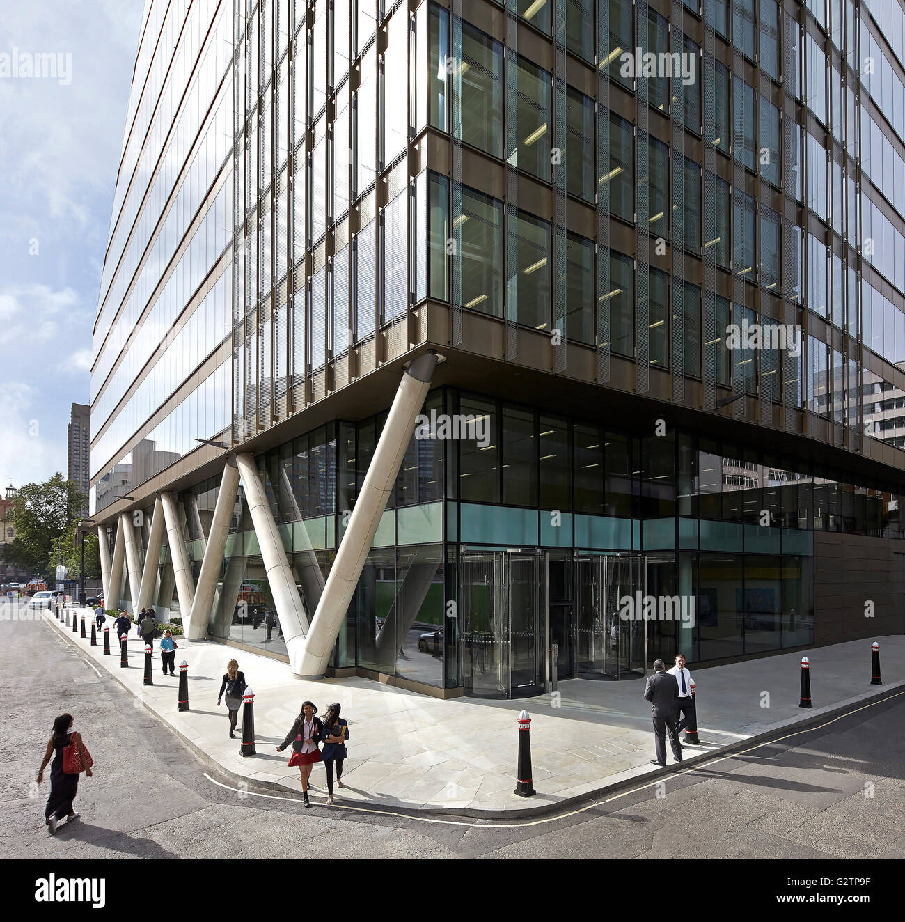 Corner elevation of main entrance at street level. Moorgate Exchange, London, United Kingdom. Architect: HKR Architects, 2015. Stock Photo