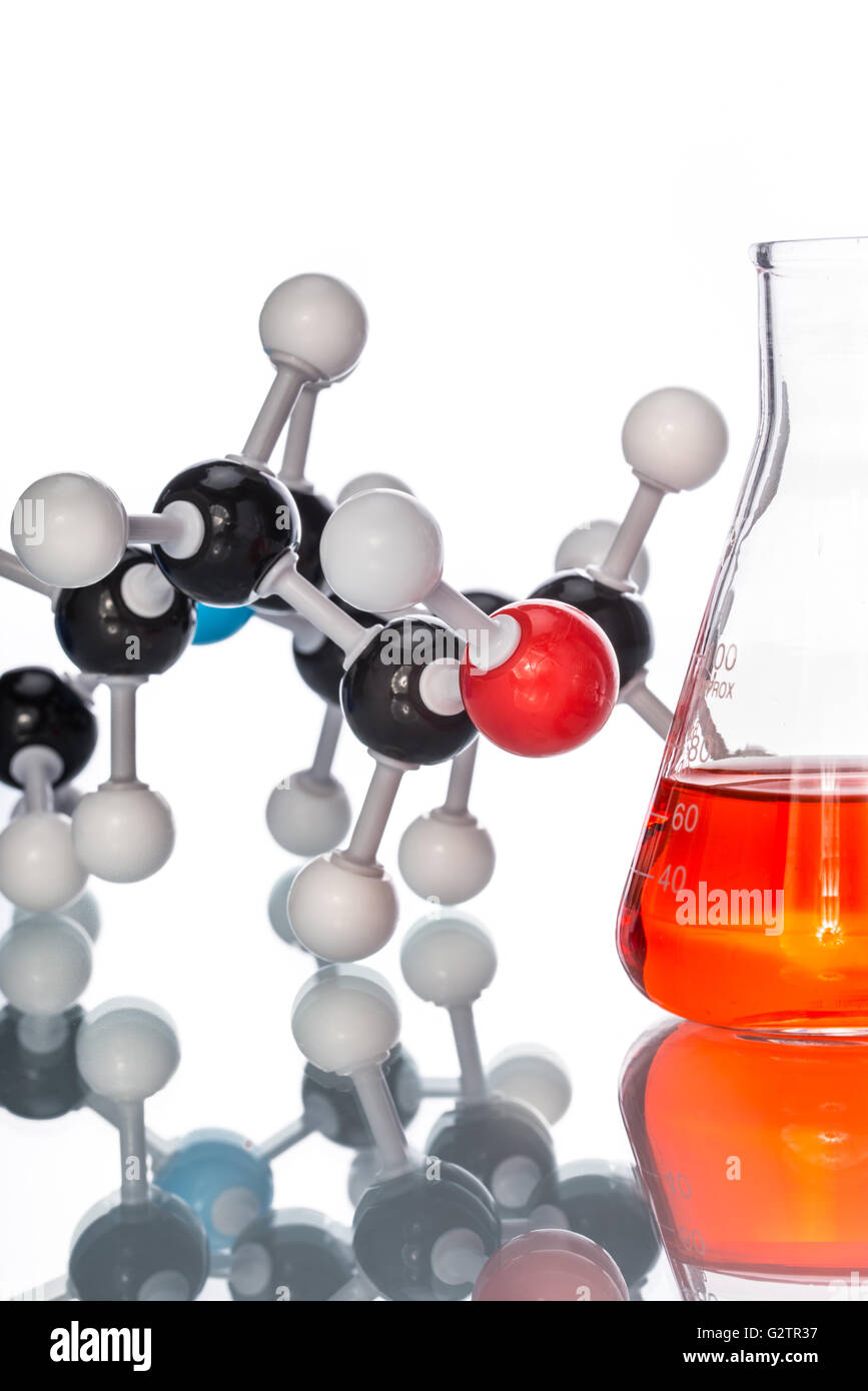 Molecular Structure and the liquid in beaker on white background Stock