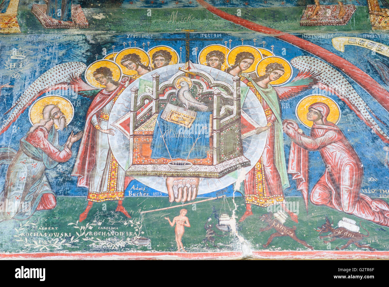Moldovita monastery ; Church Buna Vestire ( ' Annunciation ' ) ; Fresco of the Holy Spirit on the outer wall, Romania, Moldova, Stock Photo