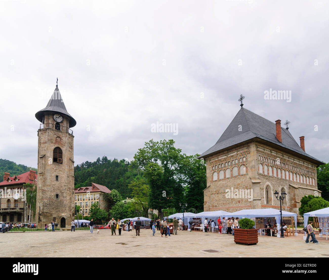 Church of St. John with Belltower at Piata Stefan cel Mare, Romania, Moldova, Moldavia, Moldau Carpathians, Piatra Neamt Stock Photo