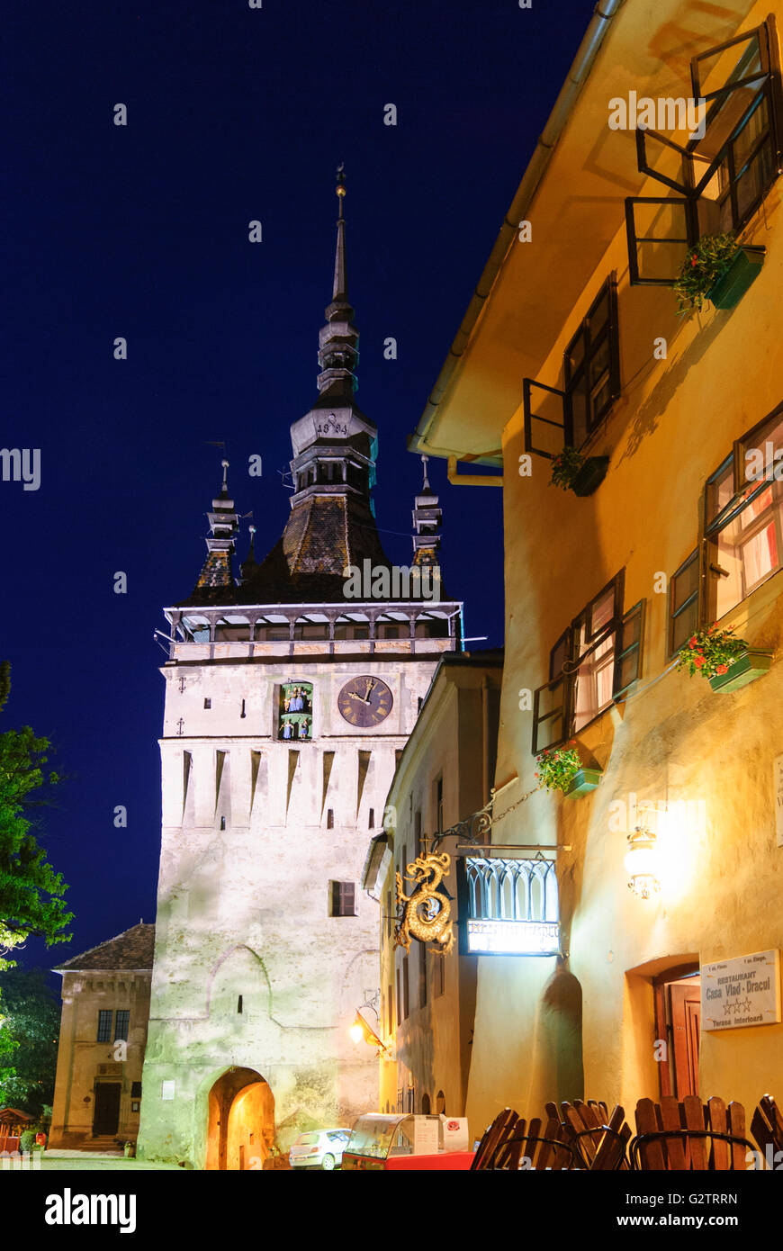 bell tower Stundturm and Casa Vlad Dracul - supposedly the birthplace of Vlad III . Dracula ( Vlad Tepes ) Sighisoara Stock Photo