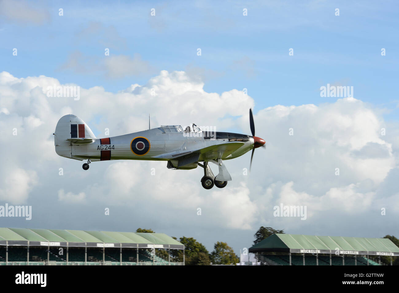 England, West Sussex, Chichester, Goodwood, Hawker Hurricane MK IIb AG 244 in the colours of th Rhodesian Air Force  landing  during the Battle of Britain celebrations 15 September 2015. Stock Photo