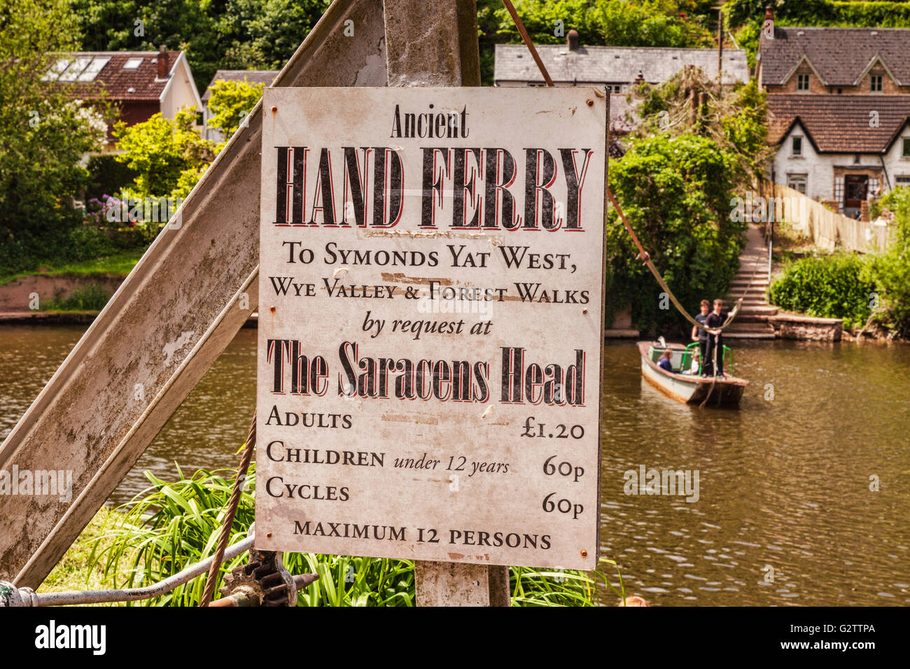 Sign for the Hand Ferry at Symonds Yat, with the boat in the background, Gloucestershire, England, UK Stock Photo