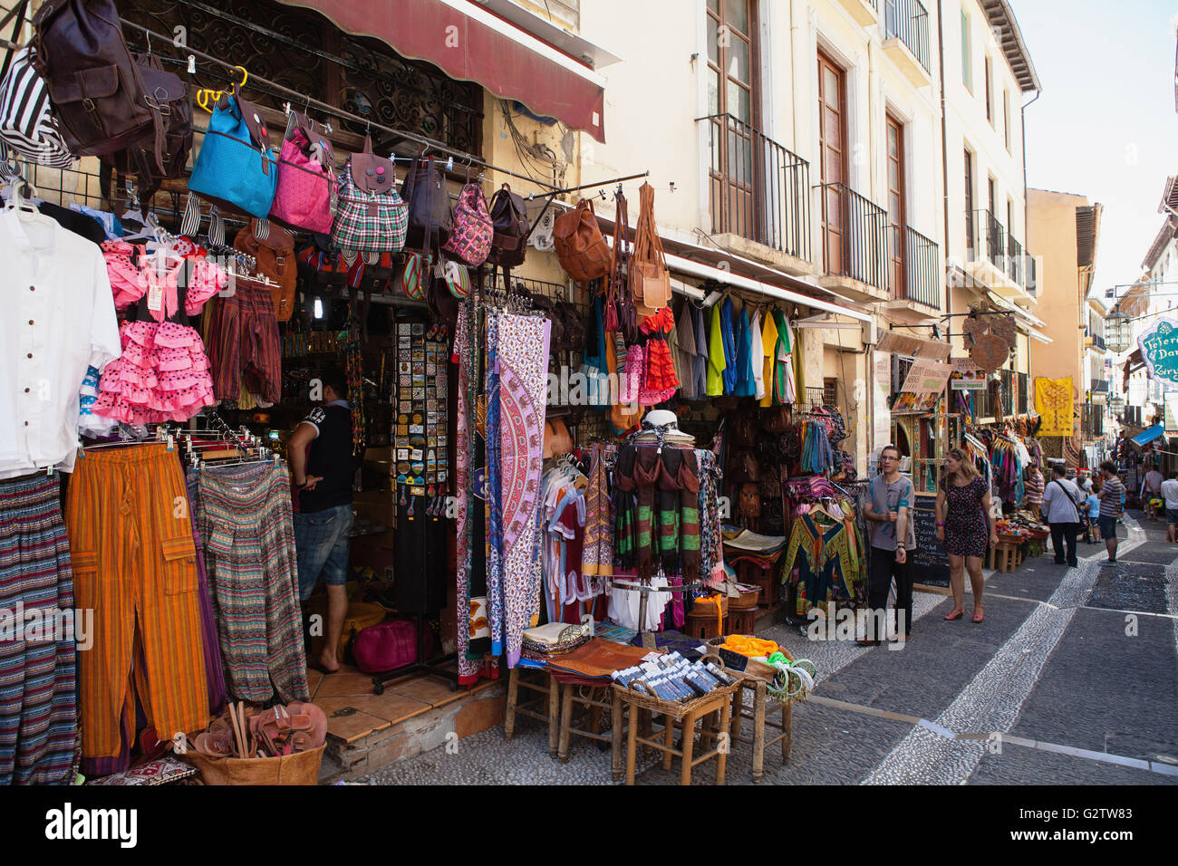 Spain, Andalucia, Granada, Souvenir shops on Caldereria Nueva in the