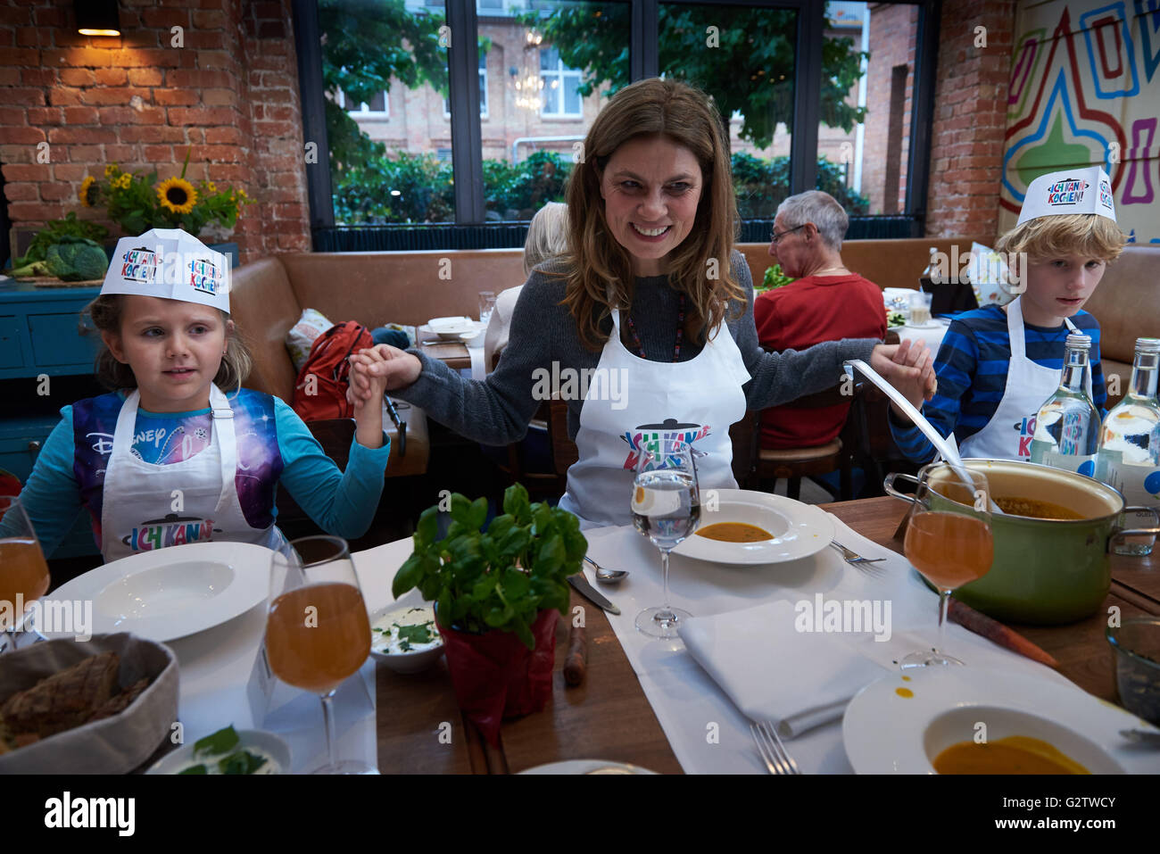 15.10.2015, Berlin, Berlin, Germany - Press conference of the campaign -I can cook - the Sarah Wiener Foundation and the Barmer GEK, Vienna with Sarah, Fernsehkoechin, in the restaurant dining room. 00Y151015D012CAROEX.JPG - NOT for SALE in G E R M A N Y, A U S T R I A, S W I T Z E R L A N D [MODEL RELEASE: NO, PROPERTY RELEASE: NO, (c) caro photo agency / Teich, http://www.caro-images.com, info@carofoto.pl - Any use of this picture is subject to royalty!] Stock Photo