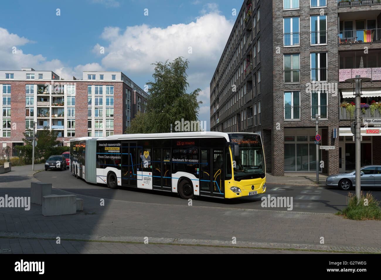 04.09.2015, Berlin, Berlin, Germany - Berlin-Spandau, Hugo-Cassirer-Strasse, Berlin Transport Authority (BVG), bus line 236, BVG is testing extra long buses, Giant articulated Mercedes-Benz CapaCity L, length 21 meters, indicator: MA-MB 190, with bend protection ATC ( Articulated Turntable controller), a guided fourth axis ensures with electronic regulation called ASA (Additional Steering axle) the maneuverability of the metropolitan area bus. EBS150904D718CAROEX.JPG - NOT for SALE in G E R M A N Y, A U S T R I A, S W I T Z E R L A N D [MODEL RELEASE: NO, PROPERTY RELEASE: NO, (c) caro photo a Stock Photo