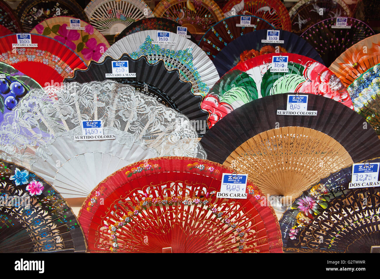 Spain, Andalucia, Seville, Hand painted Spanish fans abanicos on