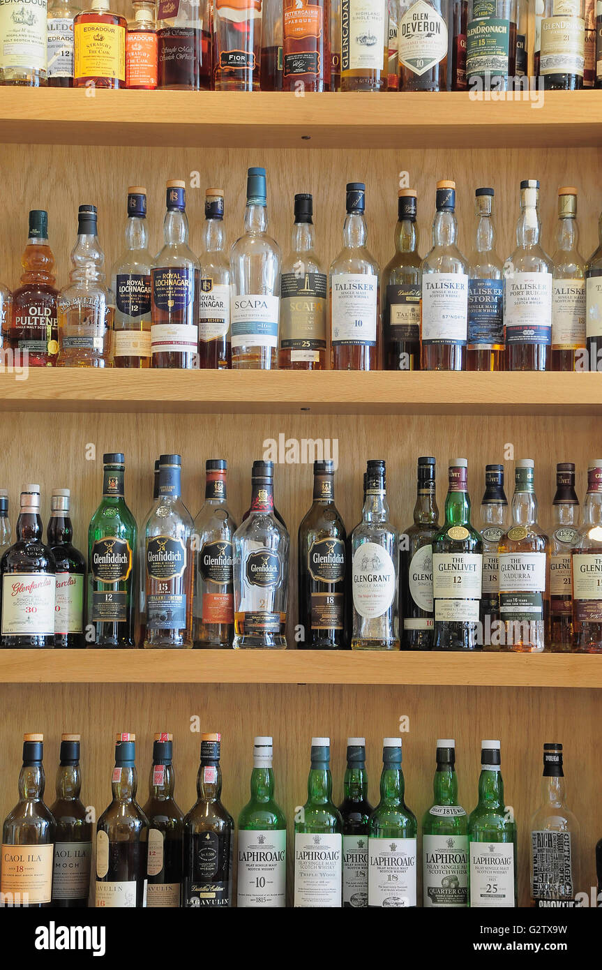 Scotland, Edinburgh, Scotch Whisky Experience, bottles of whisky at the