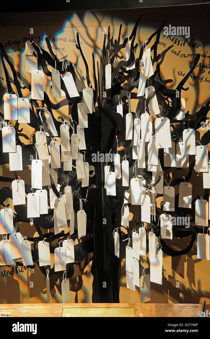 Scotland, Burns Country, Burns National Heritage Park, Trysting Tree exhibit where visitors leaves messages. Stock Photo