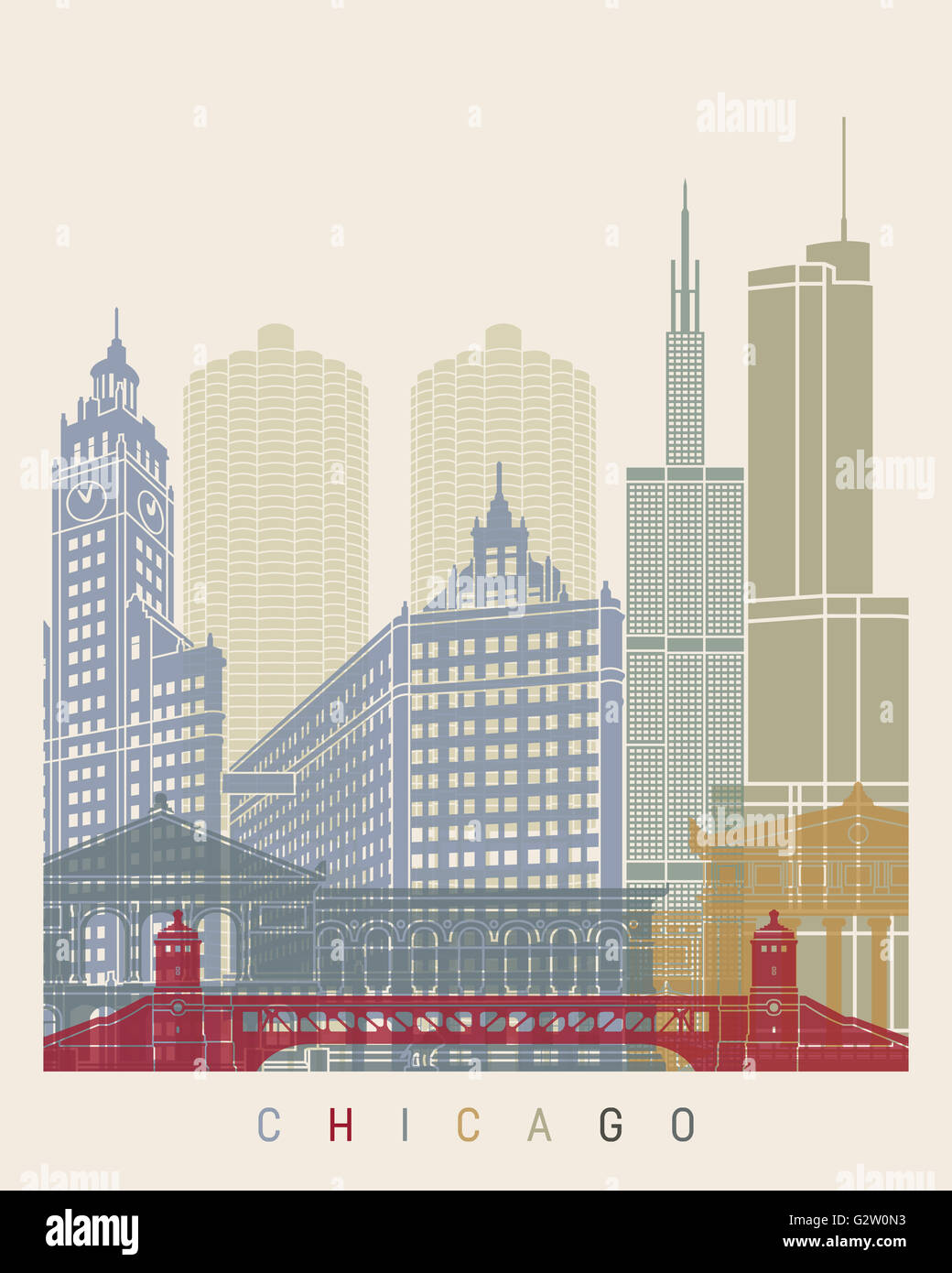 Chicago skyline poster in editable vector file Stock Photo Alamy